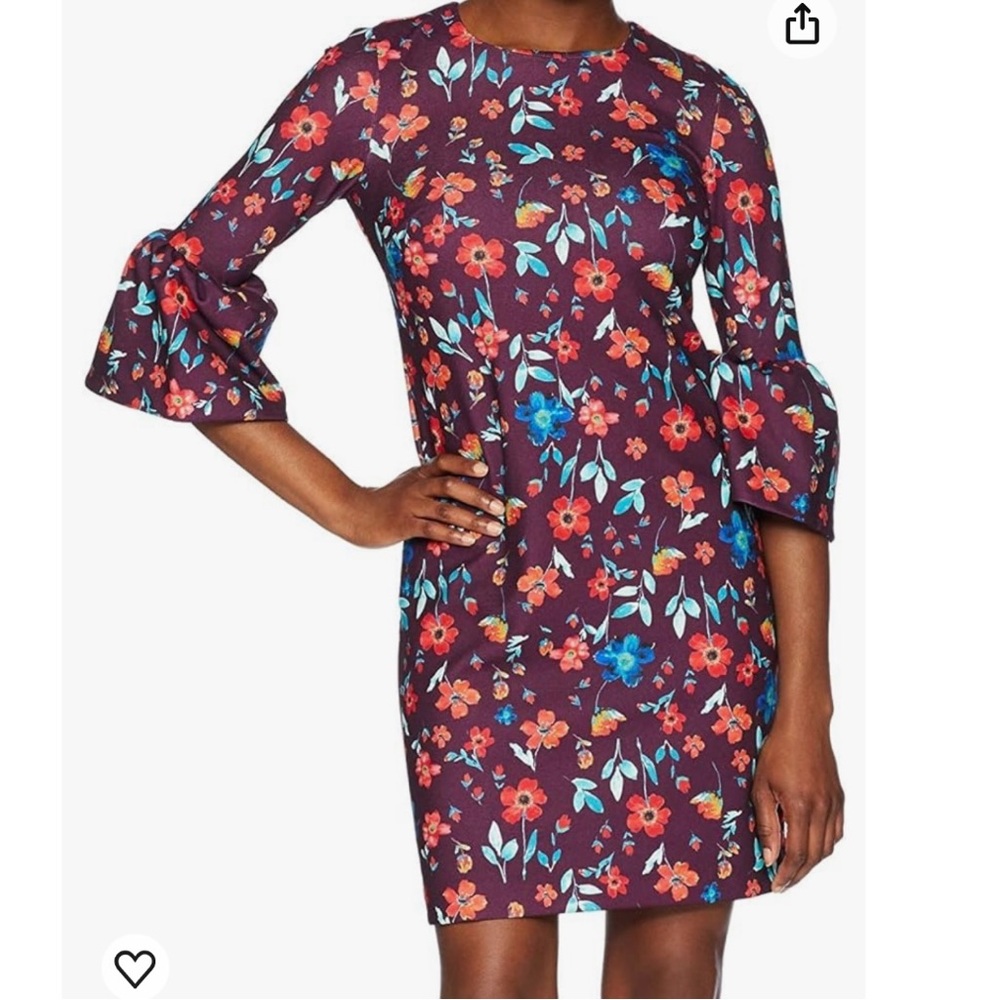 Calvin Klein Purple Floral Bell Sleeve Crepe Sheath‎ Dress Size 10